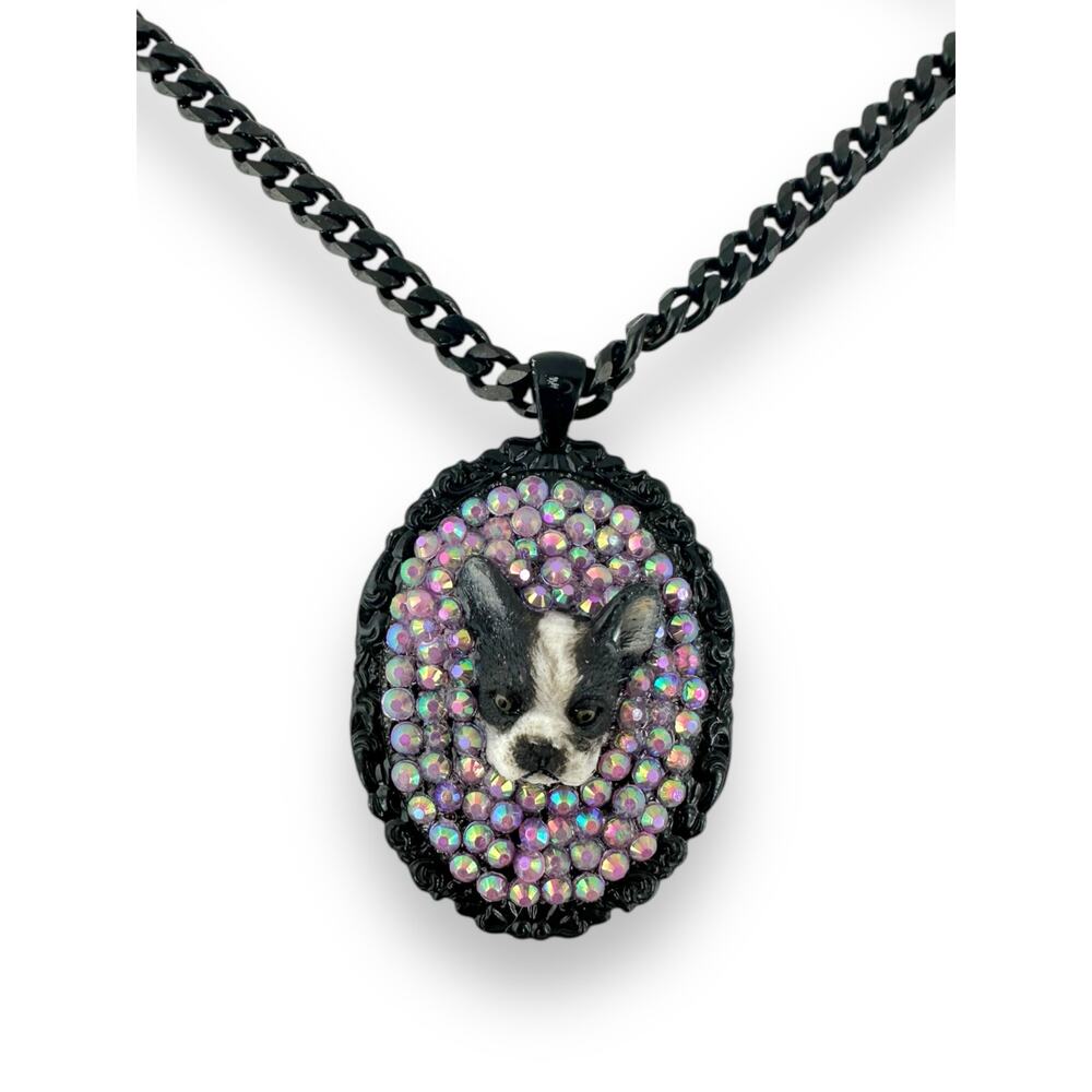 Black & White Frenchie Bulldog Purple Rhinestones Black Chain OOAK Necklace 16”